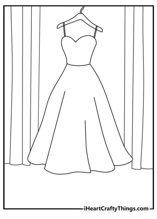 Wedding coloring page for kids with a bride dress hanging by a window