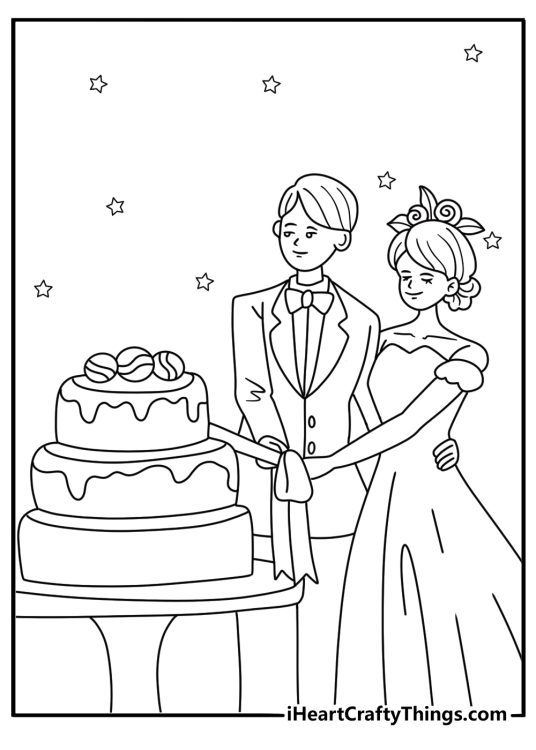 Wedding coloring page with a bride and groom cutting a simple cake