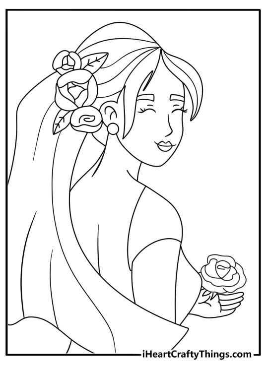 Wedding coloring page with a bride placing flowers in her hair