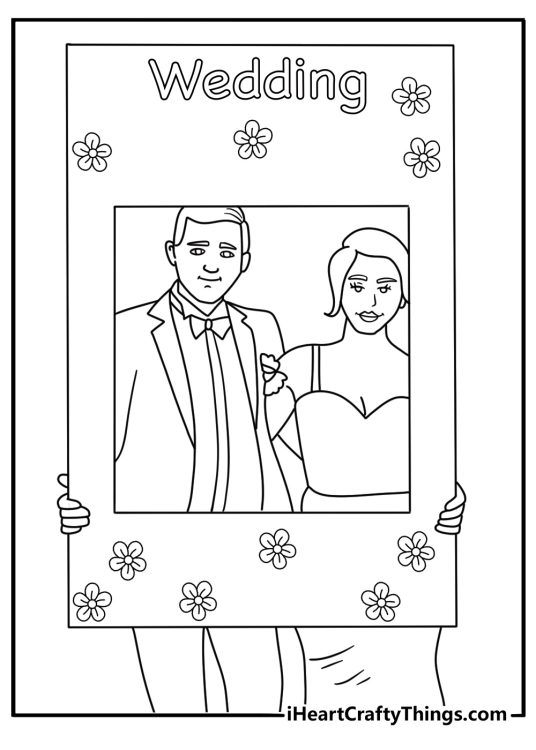 Wedding coloring page with a photo booth frame and party props