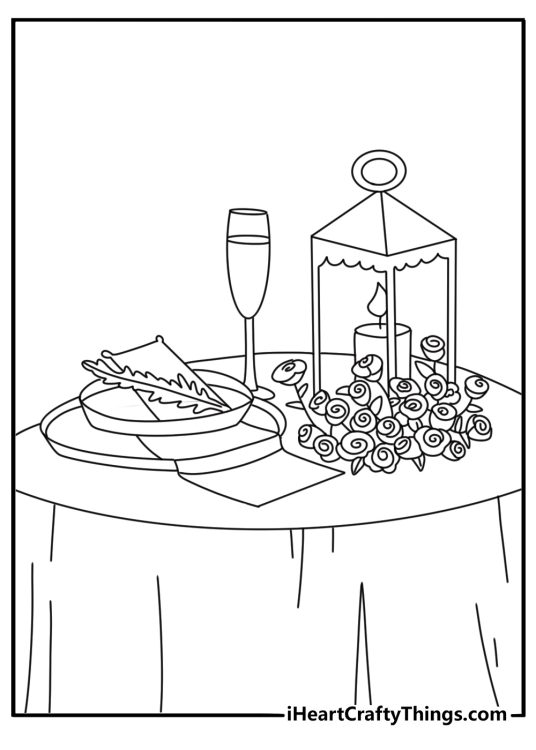 Wedding coloring page with a reception table set with plates and candles