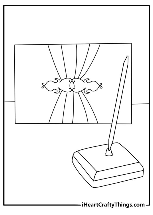 Wedding coloring page with a wedding guest book and pen