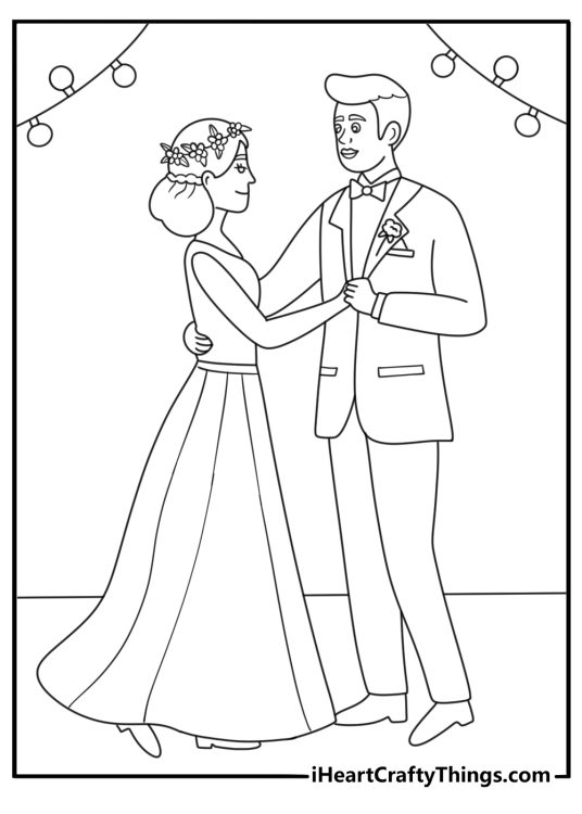 Wedding coloring pages scene with a first dance under string lights