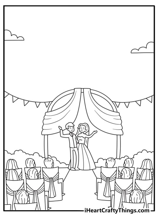 Wedding coloring pages scene with guests seated beside a garden aisle