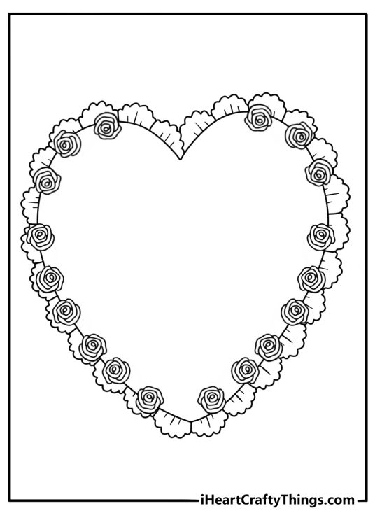 Wedding coloring sheet for adults with floral lace around a heart frame