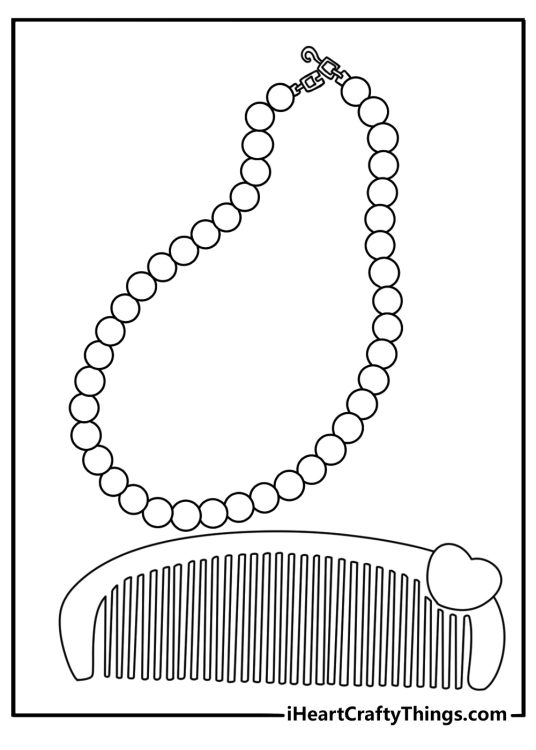 Wedding coloring sheet with a bridal hair comb and pearl necklace