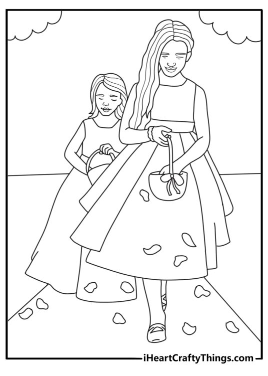 Wedding coloring sheet with a flower girl carrying petals down the aisle