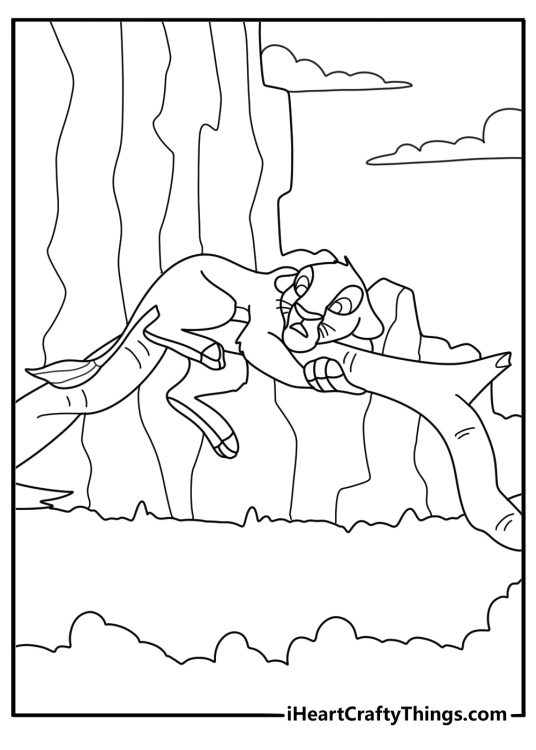 Wildebeest stampede in the gorge Simba clinging to branch action Lion King coloring printable pdf