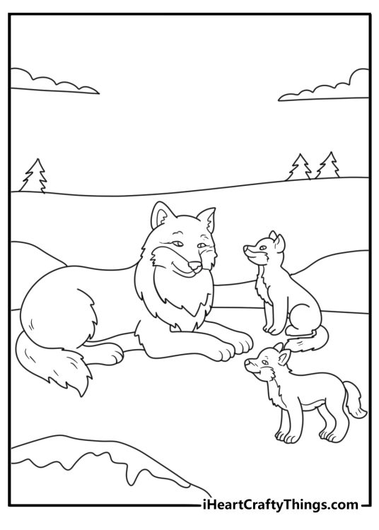 Wolf coloring page featuring mother wolf watching over pups