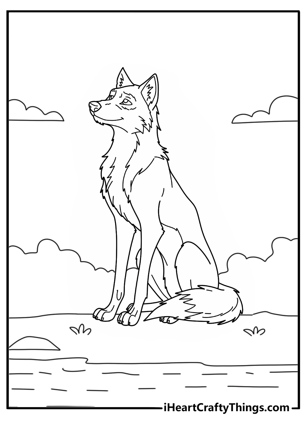 Wolf coloring sheet featuring lone wolf resting near river bank