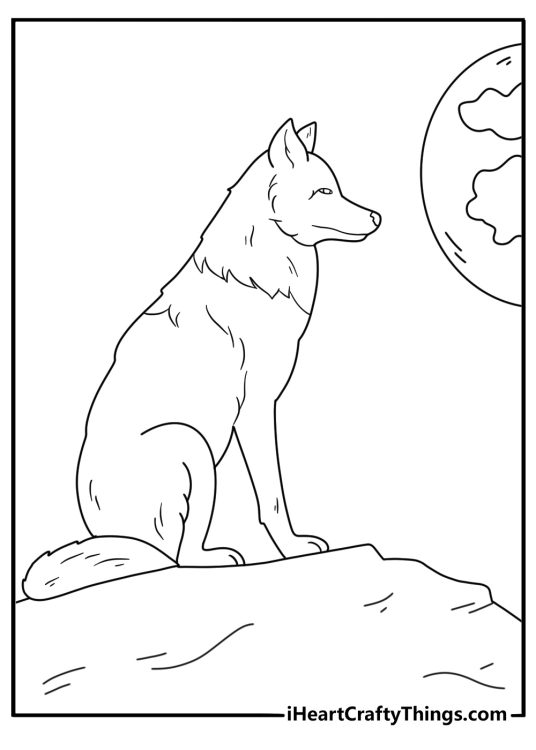 Wolf themed coloring sheet featuring shaggy wolf sitting in front of a full moon