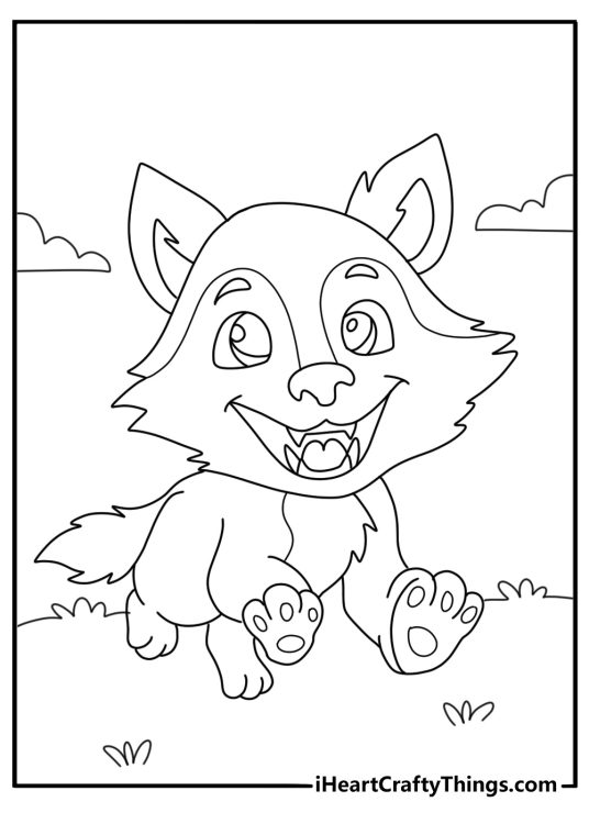 Wolf themed picture to color featuring little pup standing all ready to attack while playing