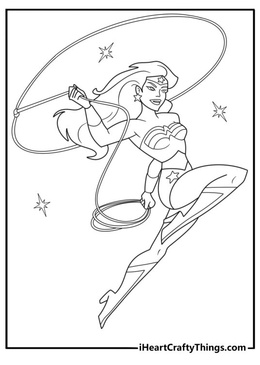 Wonder Woman coloring page free printable featuring warrior princess swinging lasso of truth