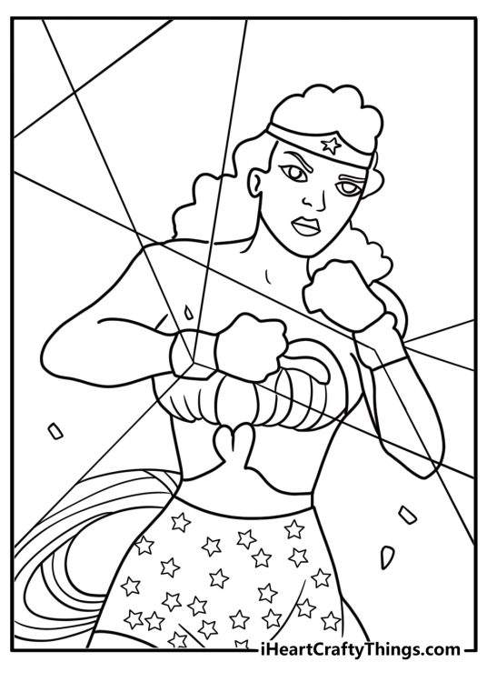 Wonder Woman crossing bracelets to block bullets coloring page for kids