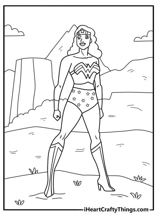Wonder Woman in front of Greek columns on Themyscira easy coloring page