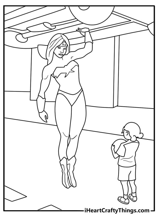 Wonder Woman lifting a car overhead to save people detailed coloring sheet for adults