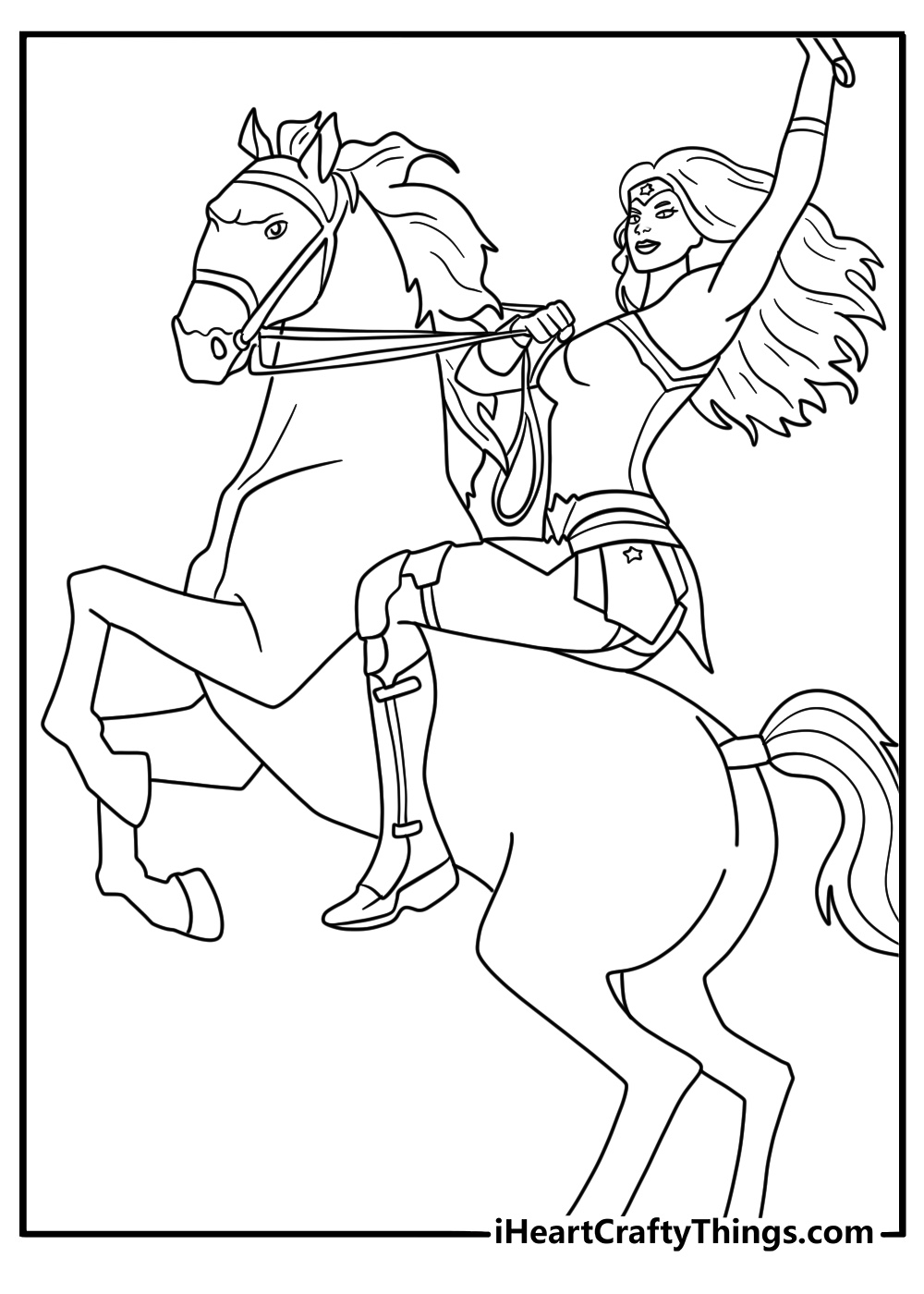 Wonder Woman riding an Amazon horse along the beach printable coloring page