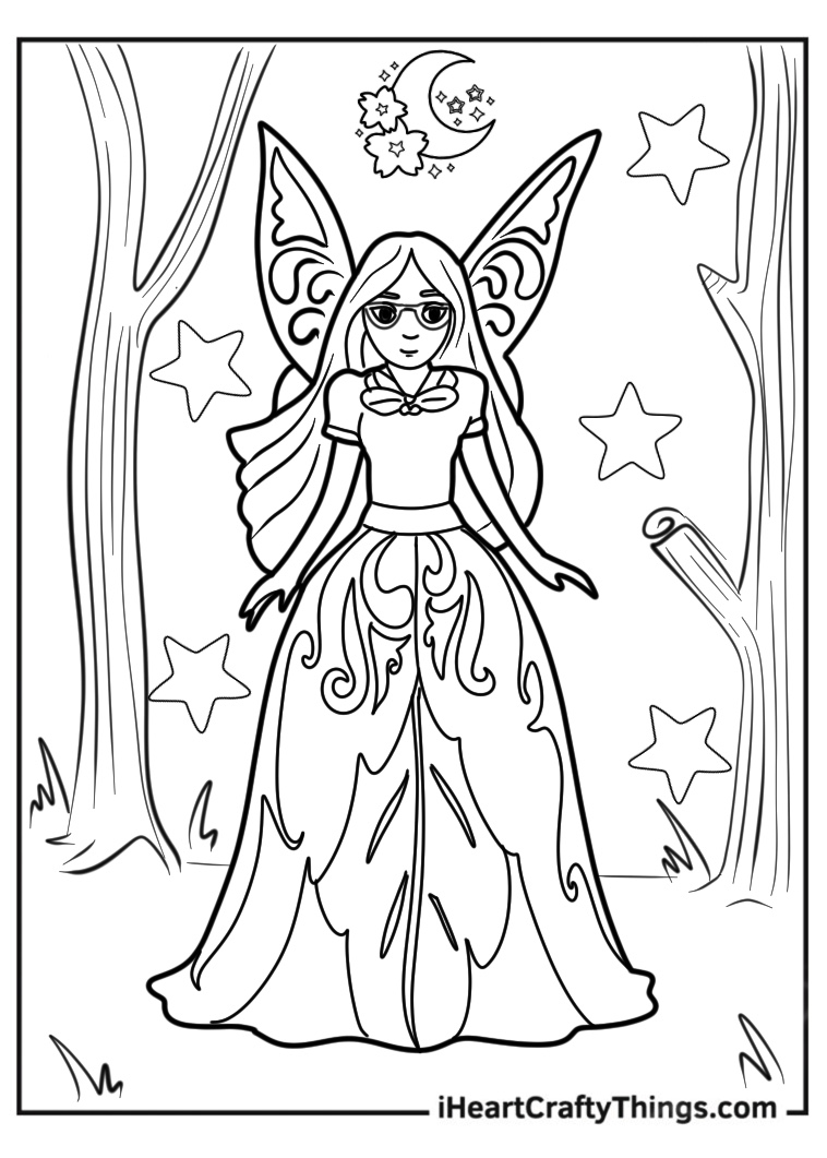 Free pdf of a woodland fairy with glasses and long dress featured in a forest with stars and moon surrounding her
