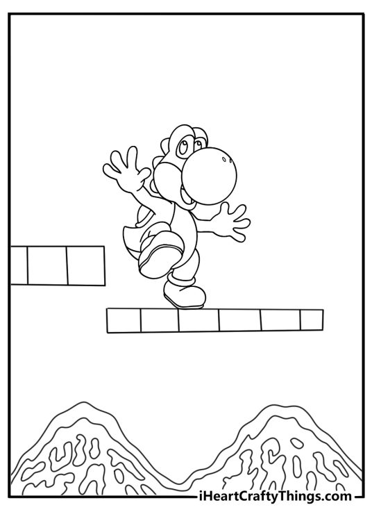 Yoshi balances on a moving platform above lava in this printable scene