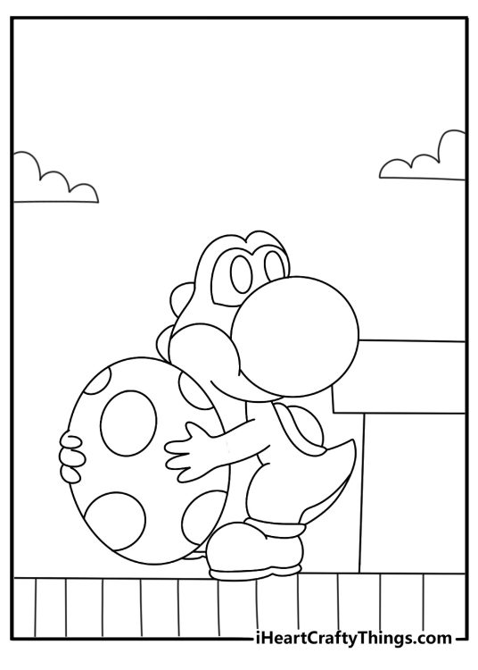 Yoshi coloring page featuring a spotted egg beside green pipes