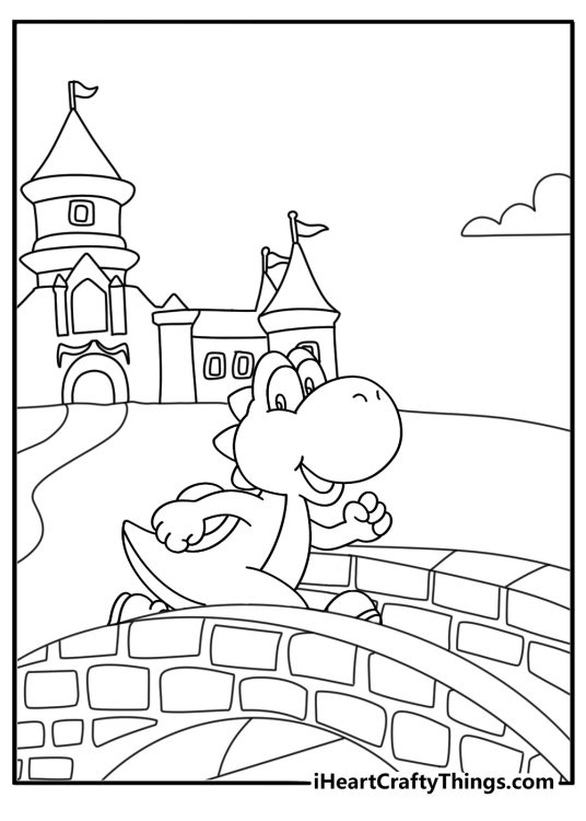 Yoshi coloring pages scene featuring an island castle and stone bridge