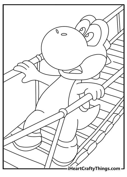 Yoshi crosses a rope bridge above a jungle stream