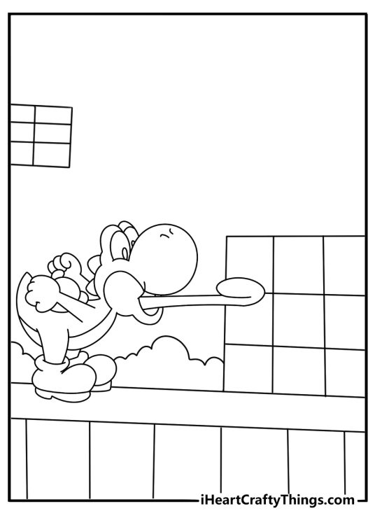 Yoshi pushes a large block through a puzzle room in this easy page
