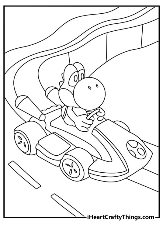 Yoshi rides a kart around a curved race track in this coloring sheet