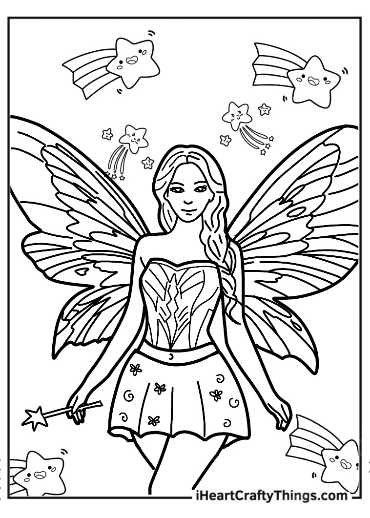 Detailed drawing of a young fairy with large butterfly wings wearing short dress and surrounded by stars
