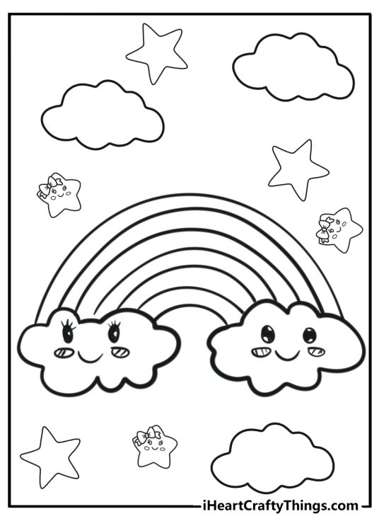 Coloring page for pre-schoolers of a rainbow surrounded by cartoony clouds and stars