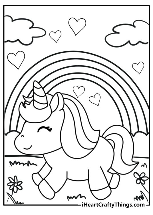 Printable page for pre-schoolers of an adorable baby unicorn with rainbow and clouds behind it