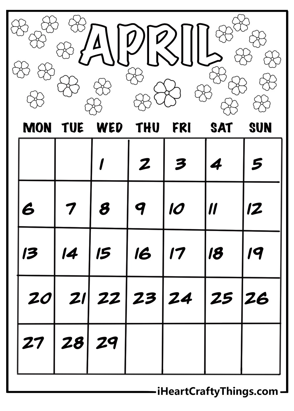 April calendar page with flowers coloring sheet for kids