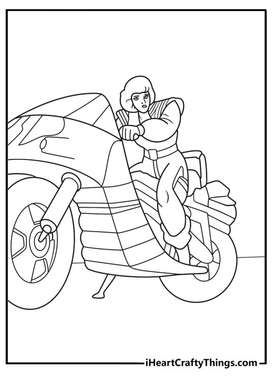 arcee leaning into her motorcycle form with a quick agile pose a cute kawaii sheet to color