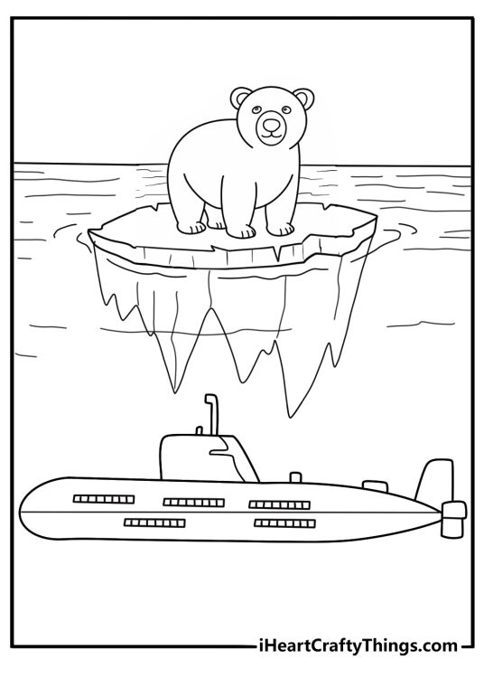 arctic scene submarine moving under large icebergs with a polar bear on an ice floe