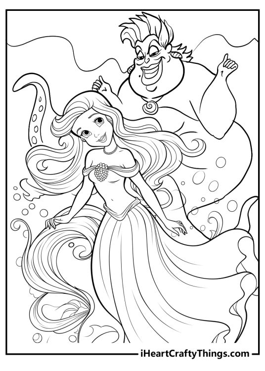 Detailed printable image presenting beautiful Ariel and villainous Ursula behind her with water bubbles all around them