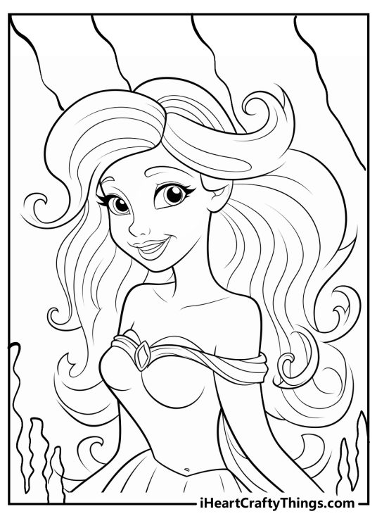 Free printable coloring sheet for kids presenting deatailed portrayal of Princess Ariel