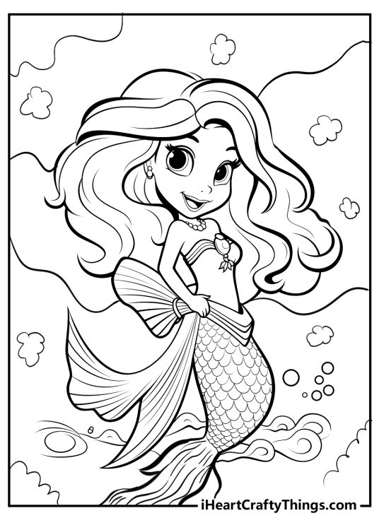 Free coloring picture for kids featuring cartoony style Ariel in her mermaid form