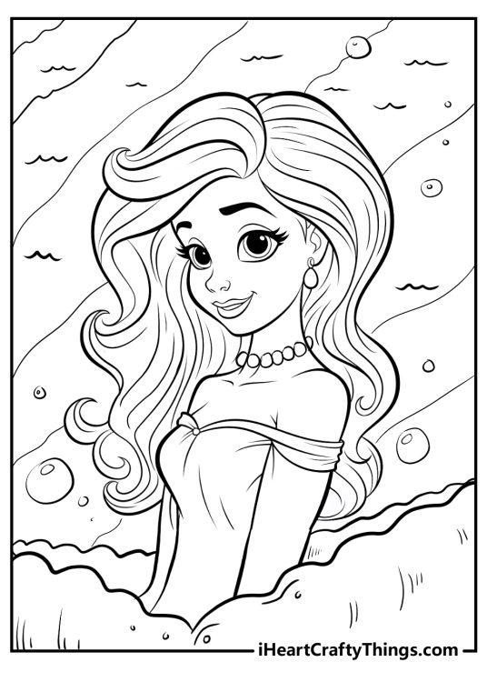 Coloring image presenting beautiful and elegant Ariel surrounded by waves and water bubbles