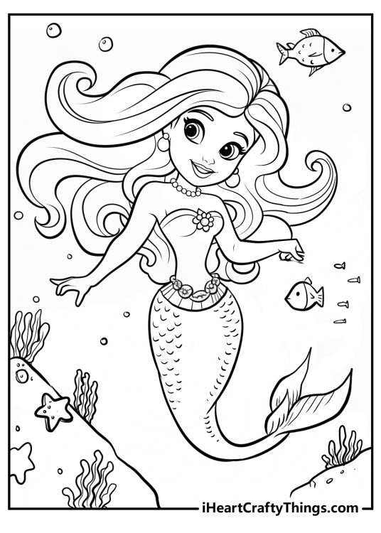 Printable poster depicting happy-looking Ariel with some fish and other sea creatures under the sea