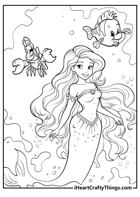Coloring poster featuring Ariel hanging out with her fish friend Flounder and the lovable crab Sebastian