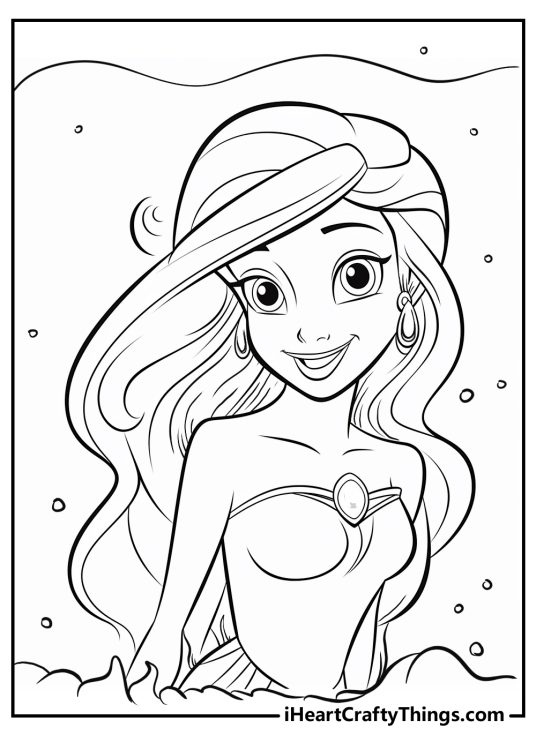 Black-and-white drawing for children presenting a close-up portrayal of Mermaid Ariel