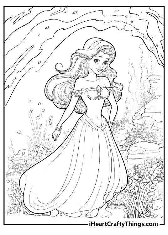 Detailed coloring page for children featuring Ariel wearing beautiful dress while underwater