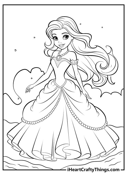 Coloring image for kids featuring elegant Ariel walking by the ocean in a human dress