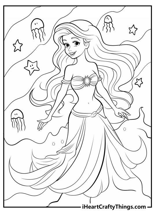 Coloring page presenting Ariel surrounded by starfish and jellyfish with waves in the background