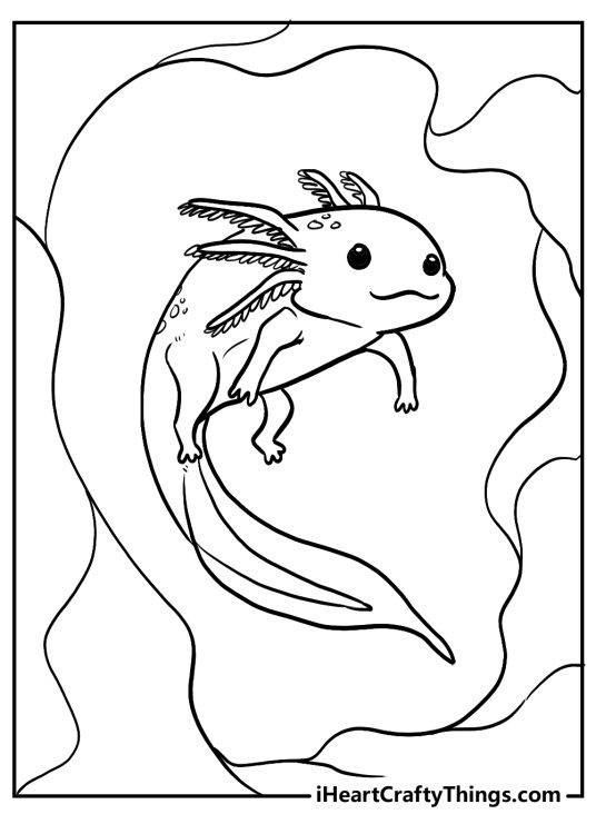 Printable coloring sheet for adults featuring full-size axolotl on a swim in a dip water
