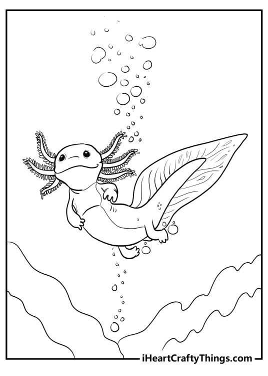 Detailed printable portrayal of an axolotl swimming deep in the lake with bubbles around it