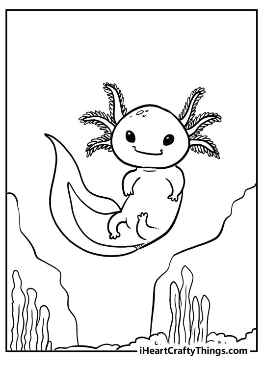 Coloring page featuring cartoon style axolotl swimming in the water with some rocks and seaweed beneath