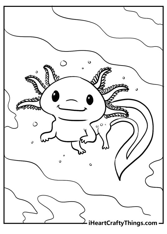 Detailed animal-themed coloring picture of a cute smiling axolotl swimming toward us
