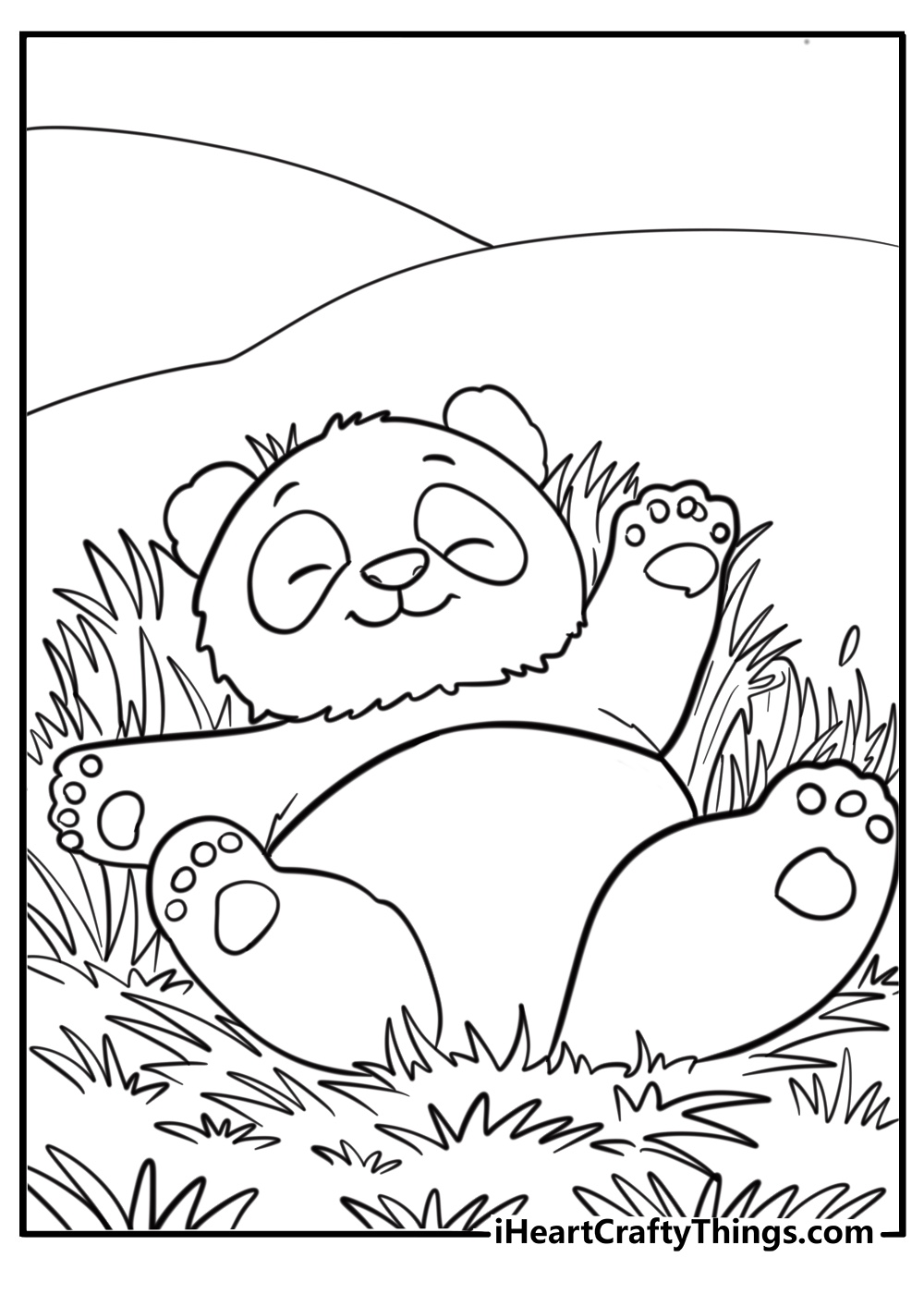 Baby giant panda playing in the grass free coloring page pdf