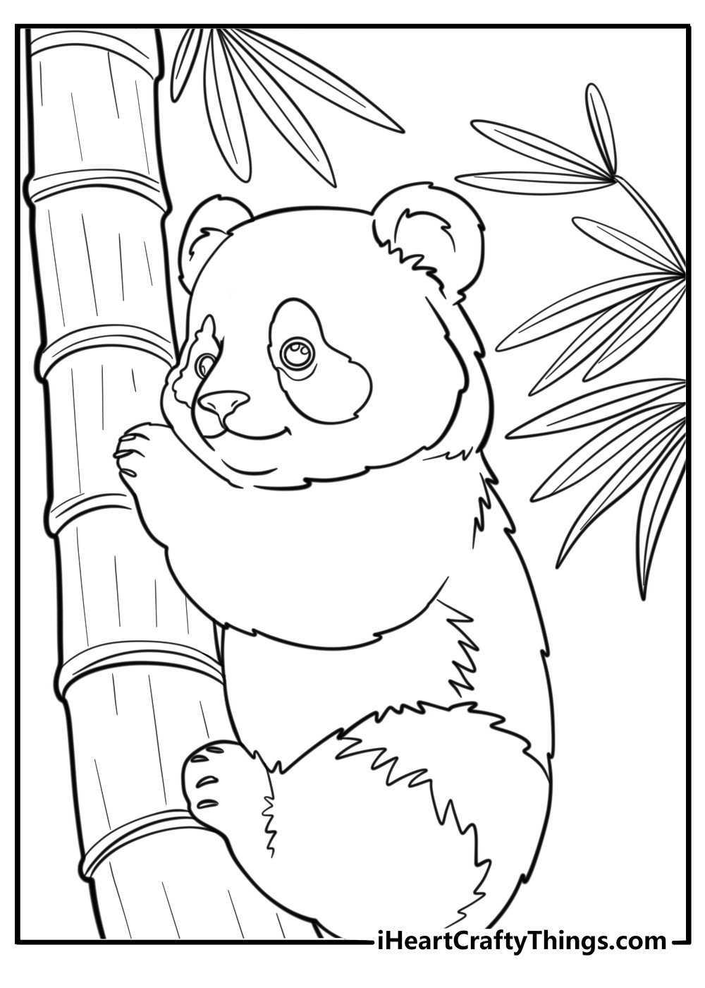 Baby giant panda reaching for bamboo leaves fun coloring sheet